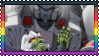 a stamp of a happy Minimus in Megatron's arms from Hot Motor Oil, with a border coloured with the Philidelphia pride flag.